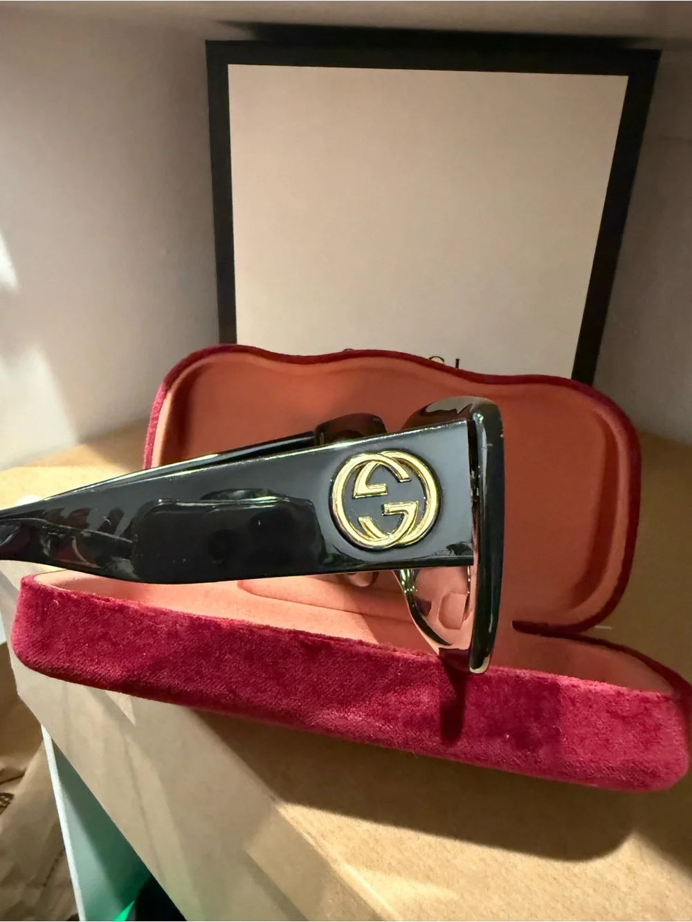 Authentic Gucci Black Square Women's Sunglasses with Pink Case included.